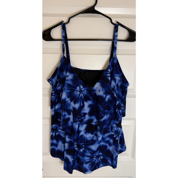 Aqua Green Plus 18W Blue Tie-Dye Tankini Swim Top Tiered Lined Adjustable - Picture 1 of 6